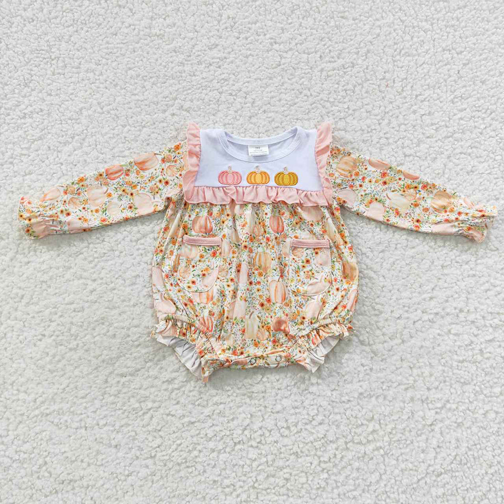 Sibling Baby Girls Embroidery Pumpkins Floral Long Ruffle Sleeves Pant Set Rompers Dresses