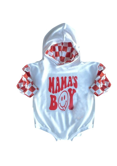 Mama's Boy Baby Kids Red Checkered Hooded Long Sleeve Rompers preorder