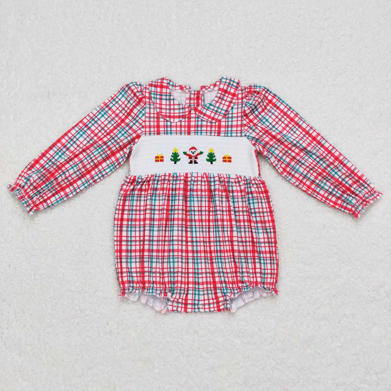 USA Shop Christmas Baby Girls Santa Red Plaid Smocked Long Sleeve Rompers