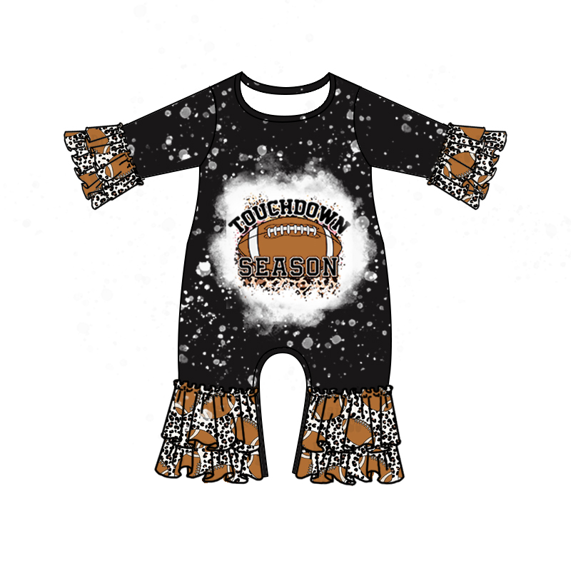 Football Season Baby Girls Black Leopard Long Sleeve Ruffle Rompers preorder