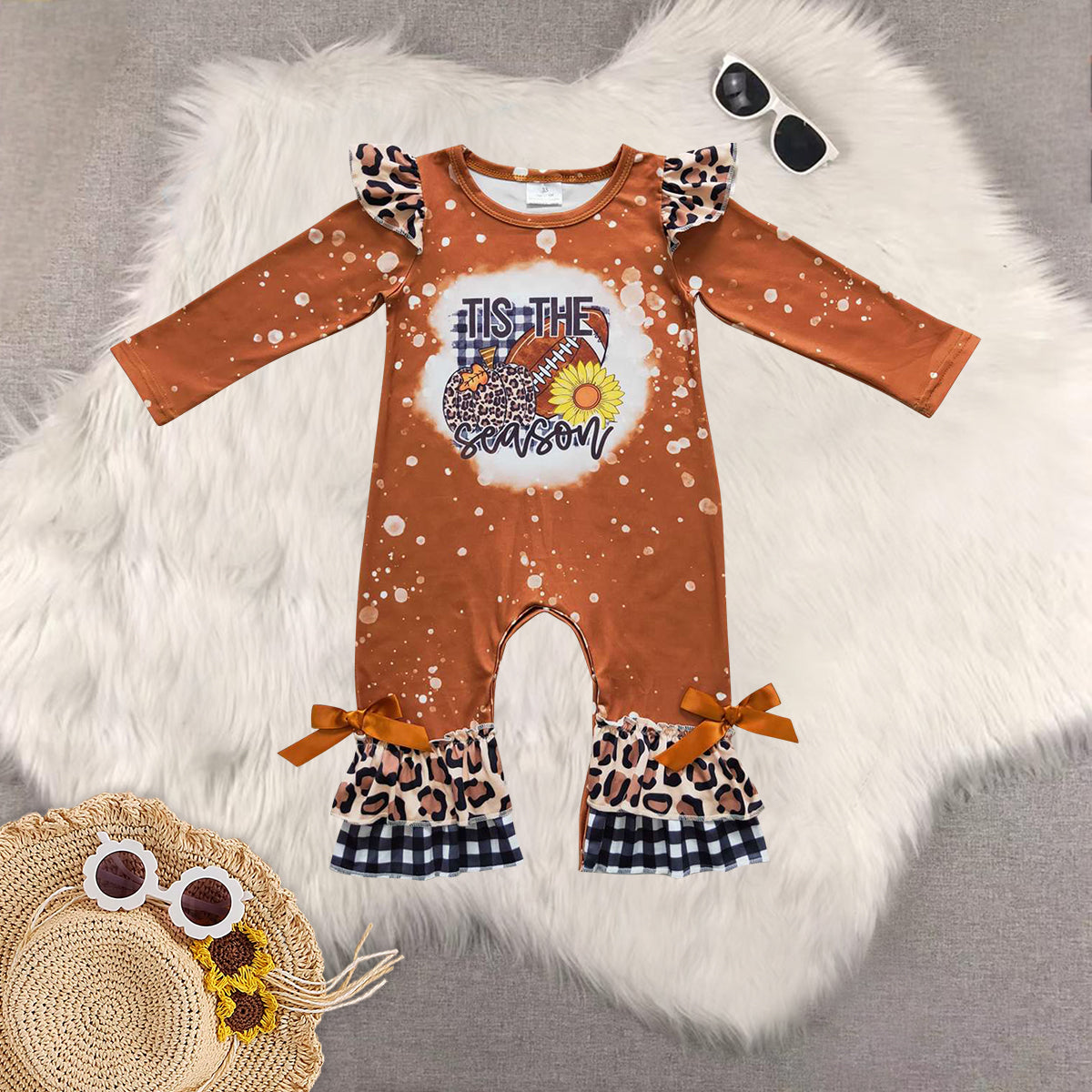 Sibling Baby Girls Football Pumpkin Leopard Ruffle Pants Clothes Sets Rompers