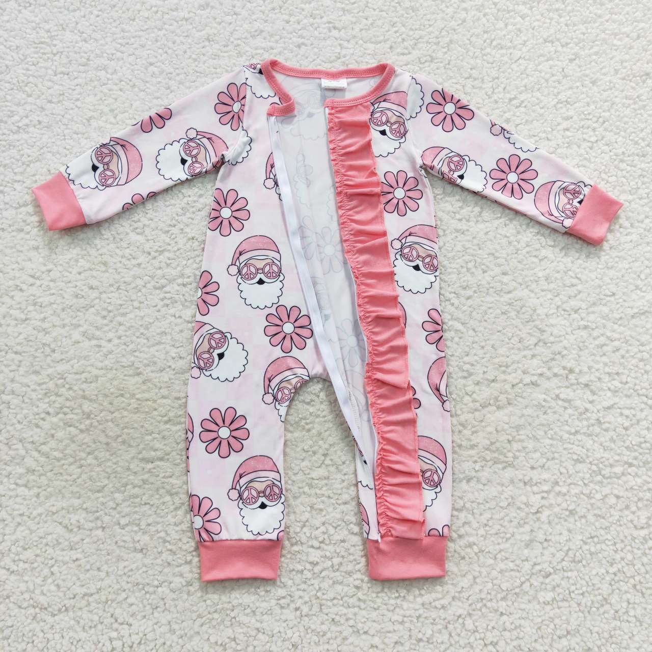Sibling Baby Girls Pink Santa Flowers Top Pants Christmas Pajamas Sets Ruffle Zipper Rompers