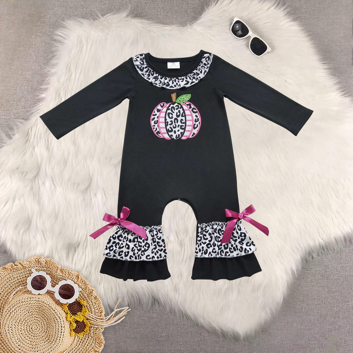 Sibling Baby Girls Black Long Sleeves Leopard Pumpkins Tunic Legging Pant Sets Romper