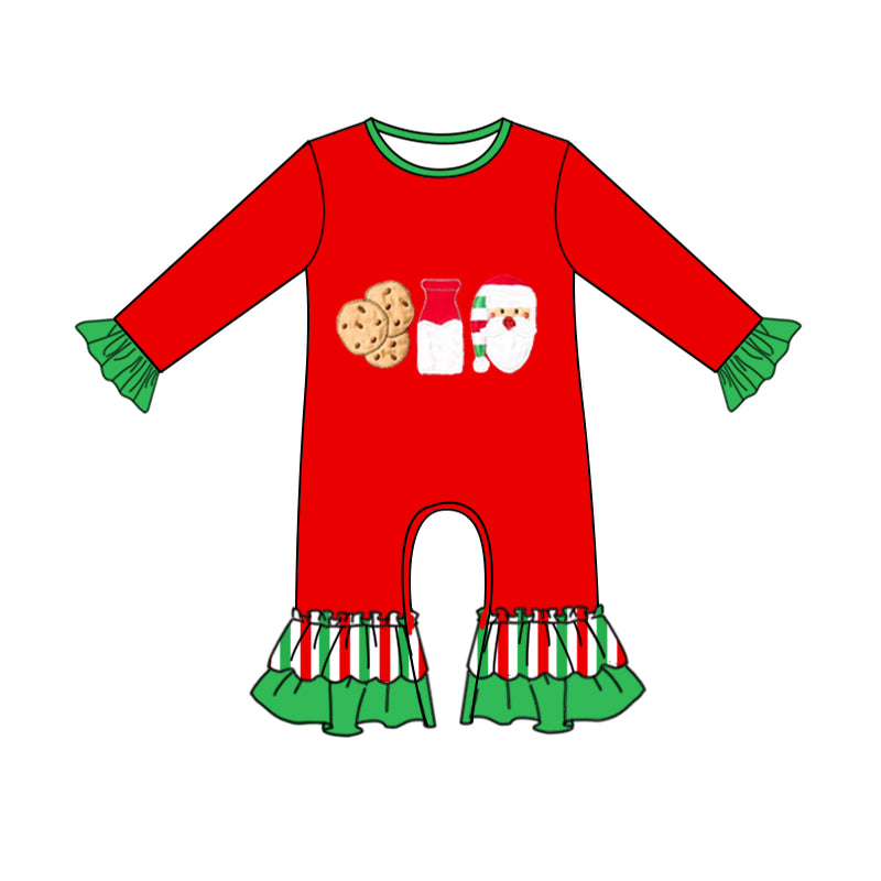 Baby Infant Girls Red Santa Milk Christmas Cookie Ruffle Rompers preorder