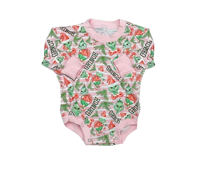 Baby Girls Pink Christmas Stripes Frog Long Sleeve Rompers preorder