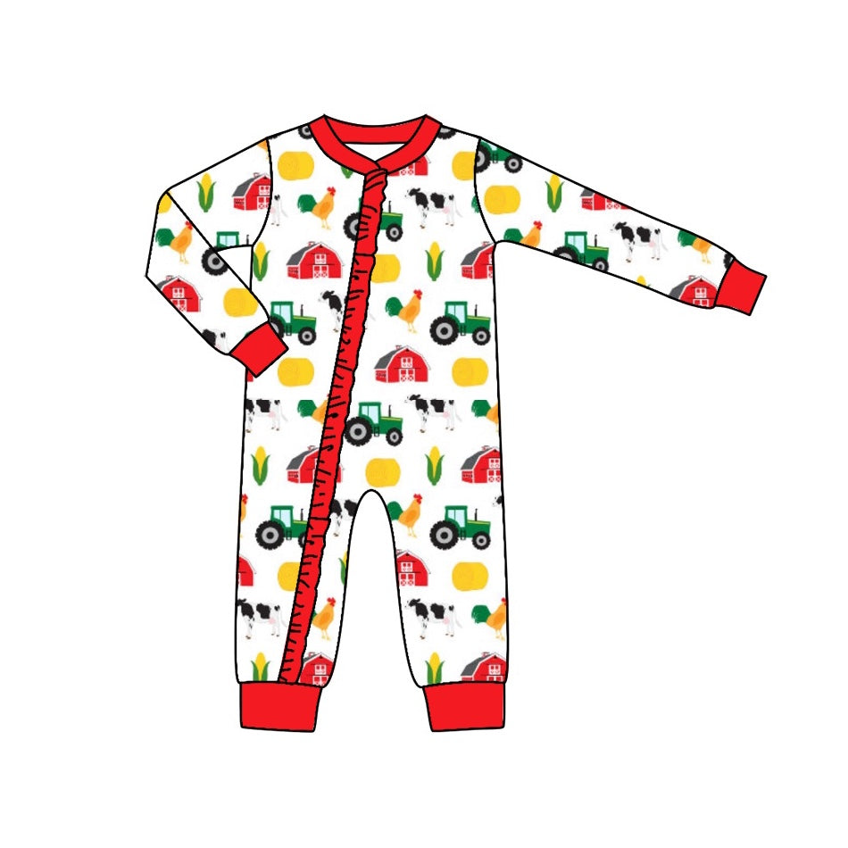 Baby Girls Fall Red Farm Long Sleeve Zip Rompers preorder