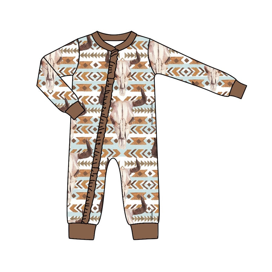 Baby Girls Western Cow Aztec Long Sleeve Rompers preorder