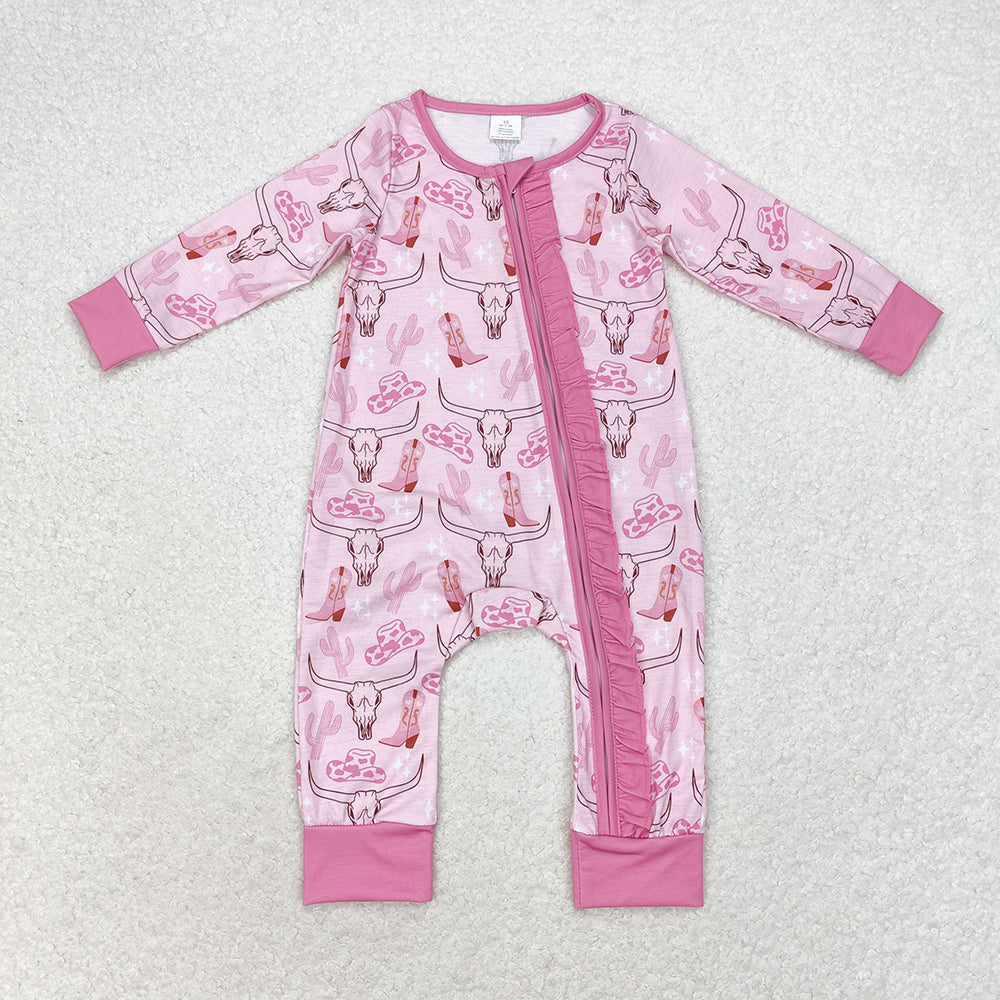 USA Shop Baby Girls Cow Skull Pink Ruffle Zippy Long Sleeve Bamboo Rompers