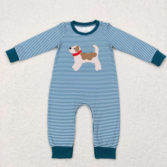 USA Shop Baby Infants Boys Blue Stripes Long Sleeves Embroidery Dogs Rompers