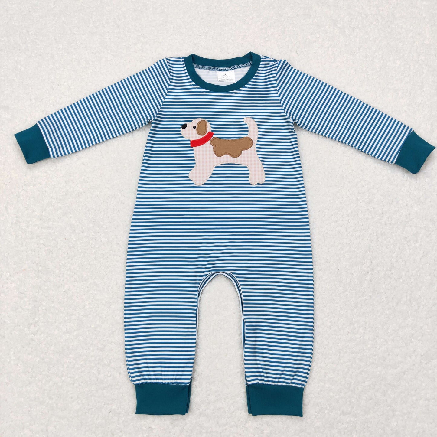Sibling Embroidery Dogs Baby Boys Blue Stripe Shirt Pants Clothes Sets Footie Rompers