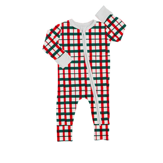 Baby Infant Kids Red Green Gingham Christmas Long Sleeve Zip Rompers preorder