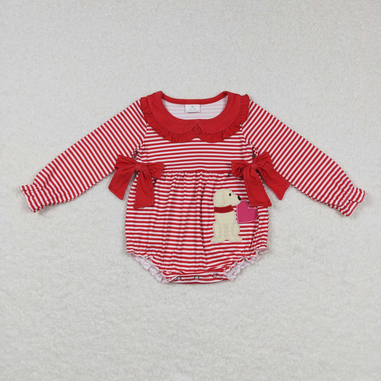 Sibling Baby Girls Red Stripes Bows Embroidery Dog Hearts Valentine Clothes Sets Dress Romper