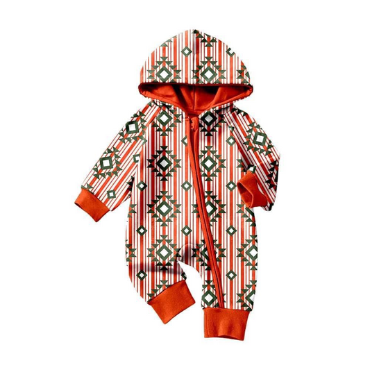 Baby Infant Kids Red Stripes Aztec Long Sleeve Hooded Rompers preorder