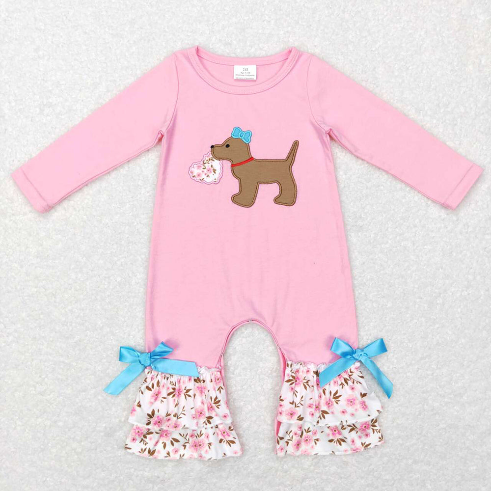 Sibling Baby Girls Embroidery Floral Heart Dogs Ruffle Pant Valentines Clothes Sets Footie Rompers
