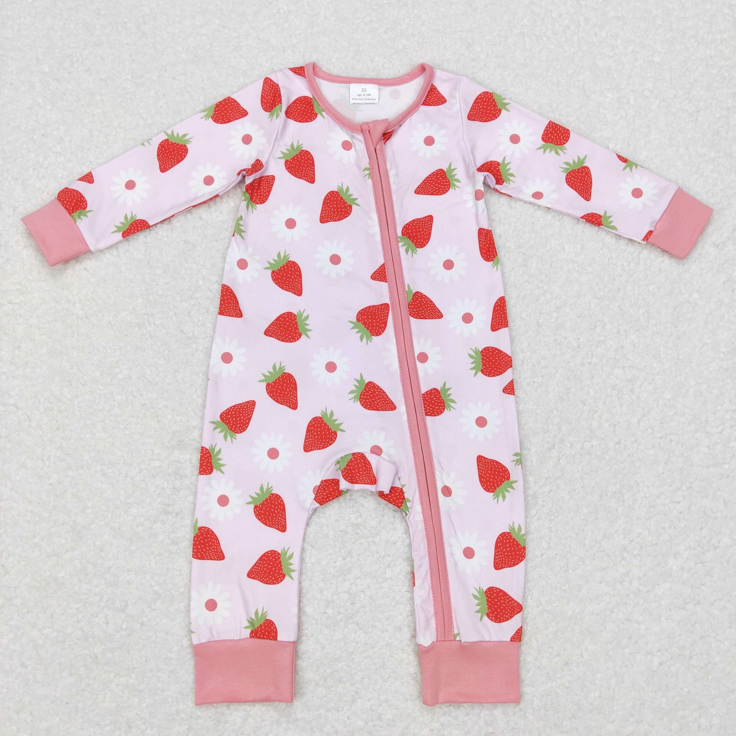 Sibling Baby Girls Pink Flowers Strawberry Pajamas Sets Zipper Footie Rompers