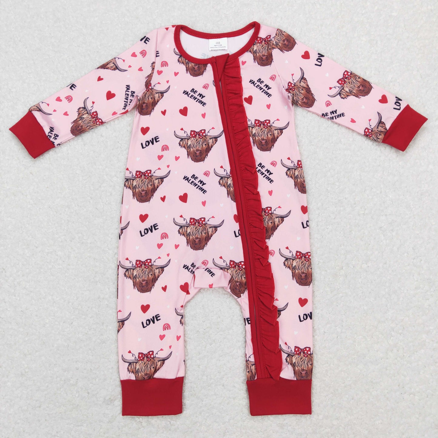 Sibling Baby Girls Hearts Highland Cows Top Ruffle Pants Valentine Pajamas Sets Zipper Footie Rompers