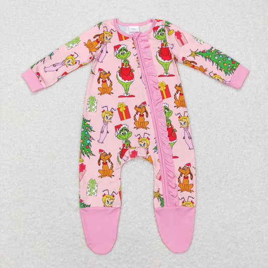 Sibling Baby Girls Green Face Miss Christmas Pajamas Set Zipper Footed Romper