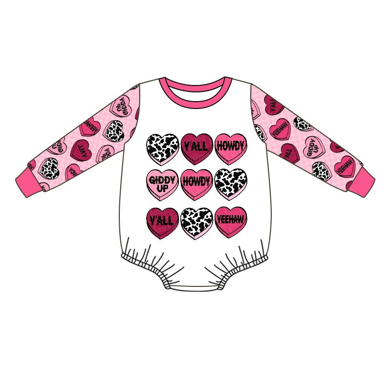 Baby Infant Girls Western Valentines Hearts Long Sleeve Rompers preorder