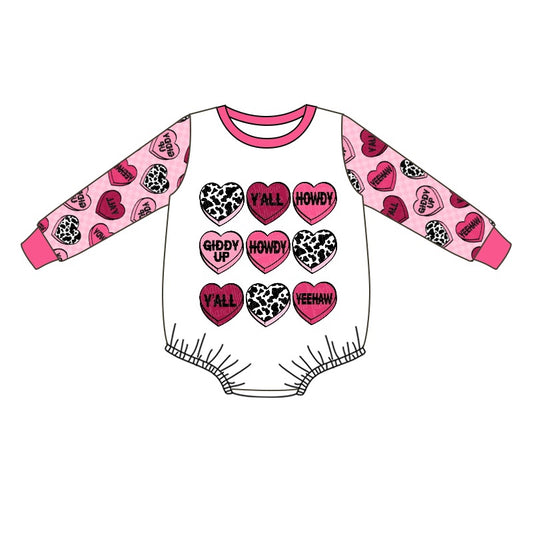 Baby Infant Girls Western Valentines Hearts Long Sleeve Rompers preorder