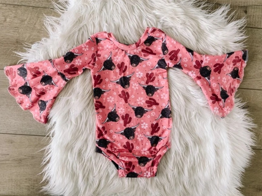 Baby Infant Girls Pink Highland Cow Cactus Long Sleeve Rompers preorder