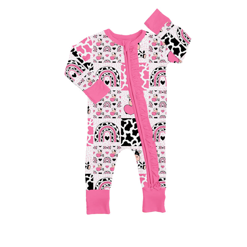 Baby Infant Girls Pink Cow Rainbow Long Sleeve Zip Rompers preorder