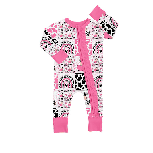 Baby Infant Girls Pink Cow Rainbow Long Sleeve Zip Rompers preorder