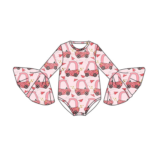 Baby Infant Girls Pink Tractors Valentine Long Sleeve Rompers preorder