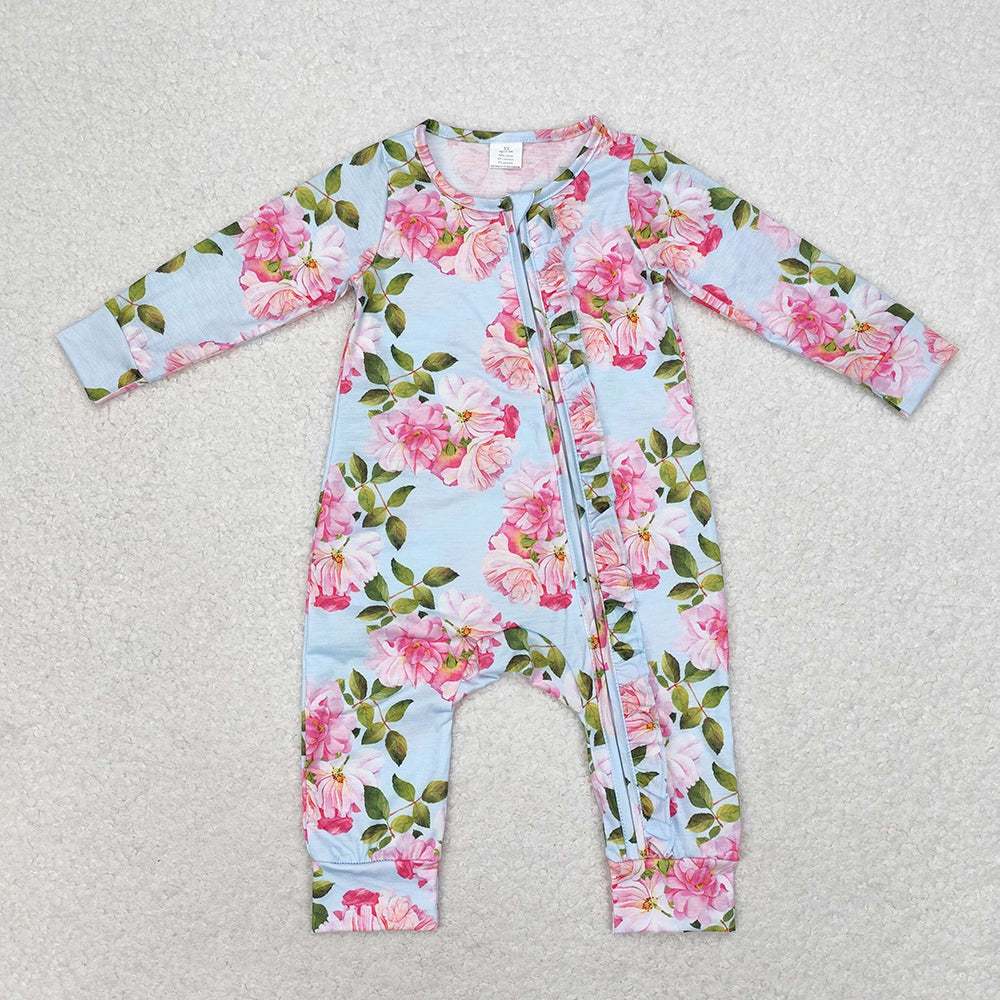 Baby Infant Girls Spring Blue Flowers Long Sleeve Rompers