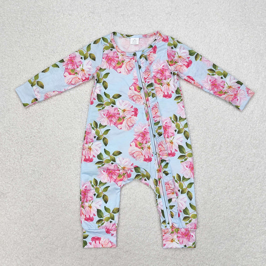 Baby Infant Girls Spring Blue Flowers Long Sleeve Rompers