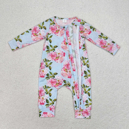 Baby Infant Girls Spring Blue Flowers Long Sleeve Rompers