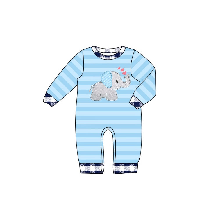 Baby Boys Valentines Elephant Hearts Blue Stripes Rompers preorder