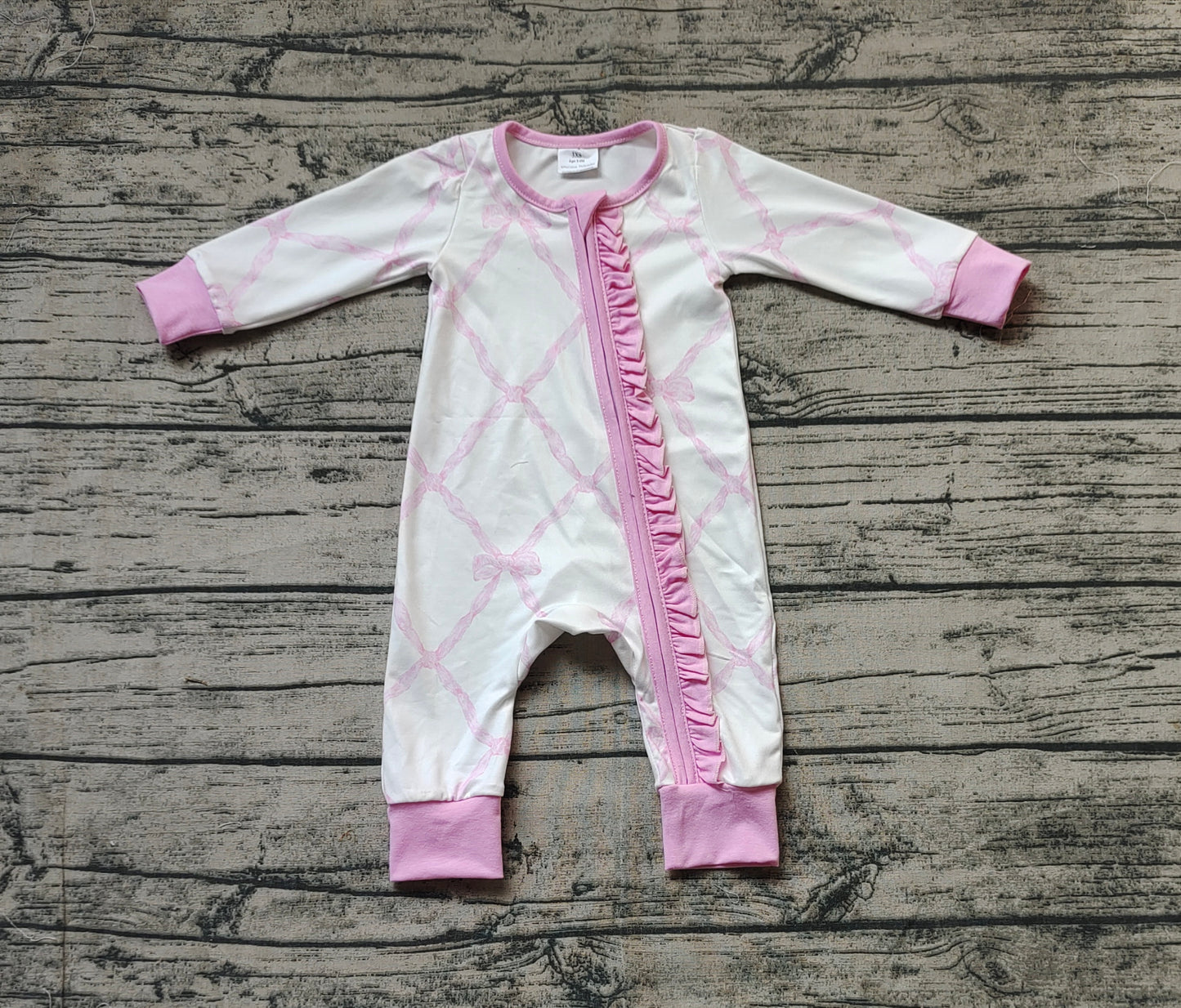 Baby Girls Pink Bows Zip Ruffle Long Sleeve Bamboo Rompers