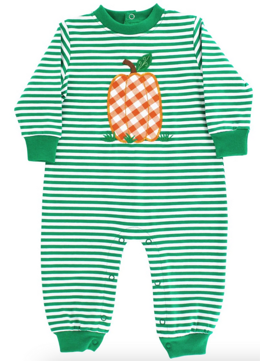 Baby Boys Green Stripes Pumpkin Long Sleeve Rompers preorder