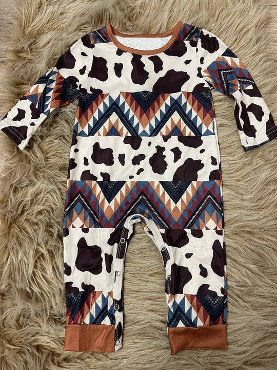 Baby Infant Toddler Cow Aztec Western Long Sleeve Rompers preorder