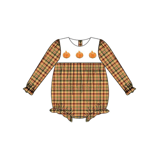 Baby Infant Girls Checkered Three Pumpkins Fall Rompers preorder