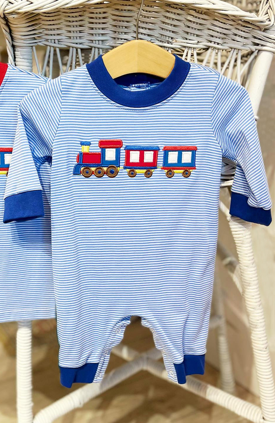 Baby Infant Boys Blue Stripes Train Rompers preorder