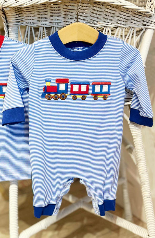 Baby Infant Boys Blue Stripes Train Rompers preorder