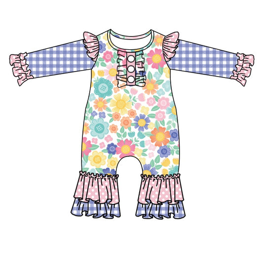 Baby Infant Girls Colorful Flowers Ruffle Long Sleeve Rompers preorder