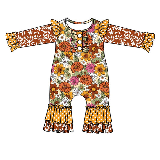 Baby Infant Girls Orange Flowers Ruffle Long Sleeve Rompers preorder