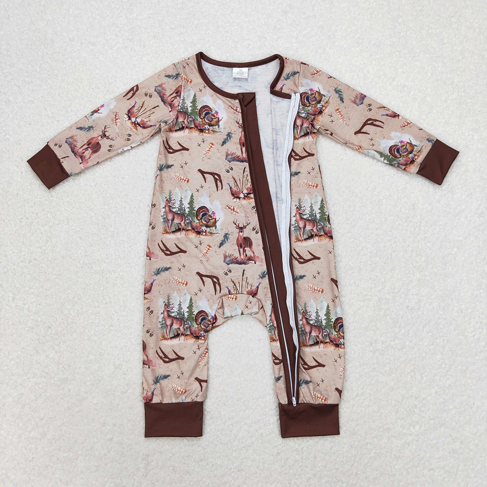 Sibling Baby Boys Deer Birds Turkey Top Pant Hunting Pajamas Set Zip Rompers
