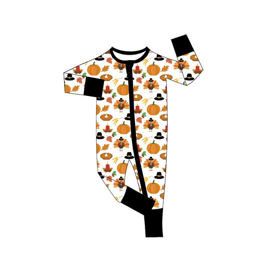 Baby Infant Boys Thanksgiving Turkey Leaves Zip Rompers preorder
