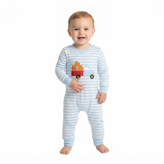 Embroidery Pumpkin Truck Baby Boys Long Sleeve Fall Stripe Rompers