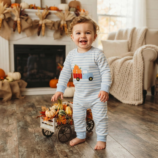 Embroidery Pumpkin Truck Baby Boys Long Sleeve Fall Stripe Rompers