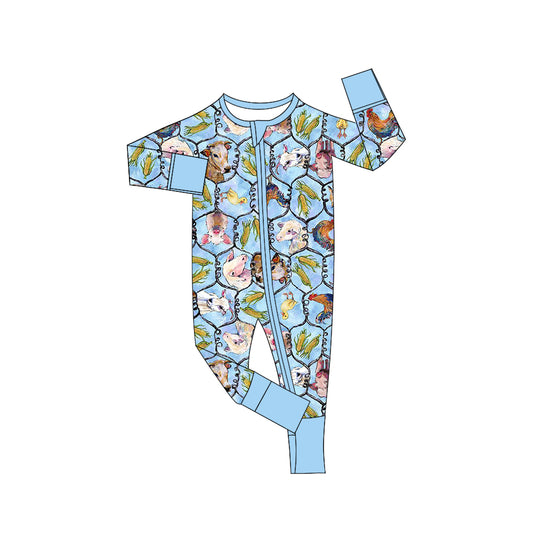 Baby Infant Boys Cow Farm Blue Zip Long Sleeve Rompers preorder