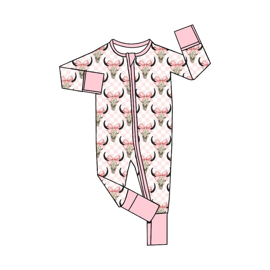 Baby Infant Girls Pink Cow Skull Bow Zip Long Sleeve Rompers preorder