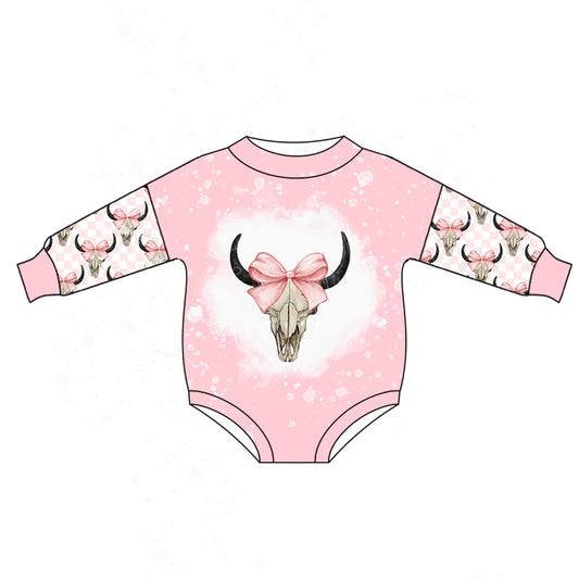 Baby Infant Girls Pink Cow Skull Bow Long Sleeve Rompers preorder