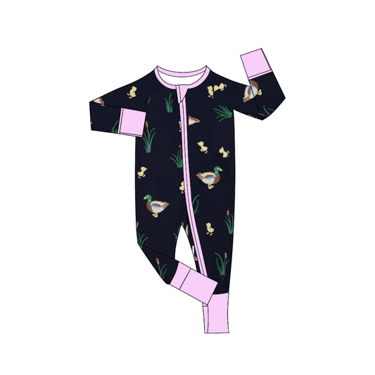 Baby Infant Girls Fall Ducks Lavender Zip Long Sleeve Rompers preorder