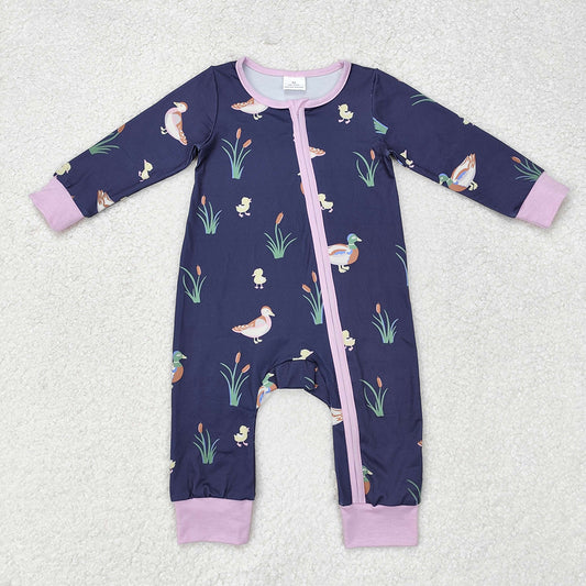Baby Infant Girls Fall Ducks Lavender Zip Long Sleeve Rompers