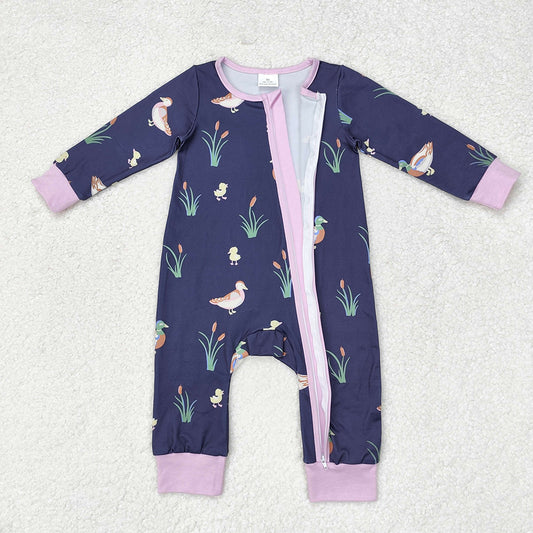 Baby Infant Girls Fall Ducks Lavender Zip Long Sleeve Rompers