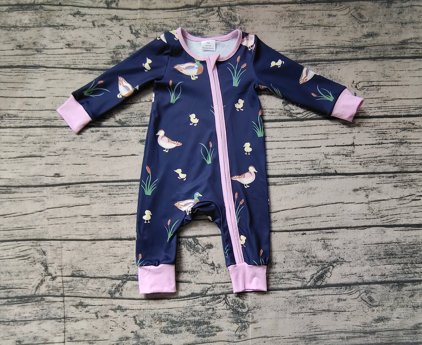 Baby Infant Girls Fall Ducks Lavender Zip Long Sleeve Rompers